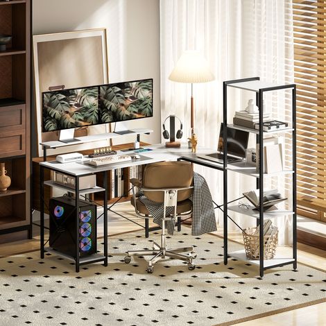 Noir - Bureau d'angle en L avec prises et double support moniteur, bibliothèque intégrée, table réversible pour chambre et bureau, 137x140cm