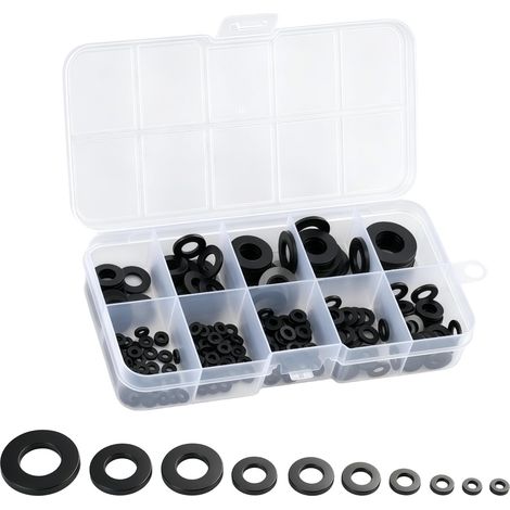 250PCS Rondelles plates, noir, Tailles M2 M3 M4 M5 M6 M8 M10, Rondelles de carrosserie antirouille pour vis et écrous, Usage intérieur et extérieur avec boîte de rangement (1/5)