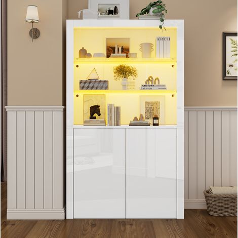 Vitrina 100x35x170 cm blanca en MDF y vidrio templado con LED, alto brillo y armario de doble puerta