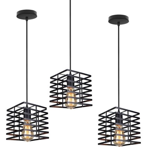 3 Pack Lustre Suspension Vintage Rétro E27 22cm Luminaire Cage Métal Noir (1/5)