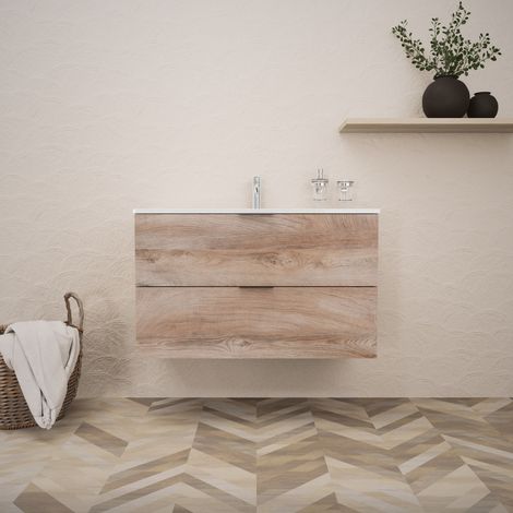 Inda - Badezimmerschrank B.100 mit glänzendem Waschbecken / Natureiche 2 Schubladen - Topazio