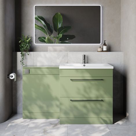 Napoli 460 Cento Olive Green 1400mm 2 Drawer Vanity Unit Toilet Suite with Glide Basin - 1400mm - Gunmetal Grey 480mm HandleWithout Kingston Toilet Pan