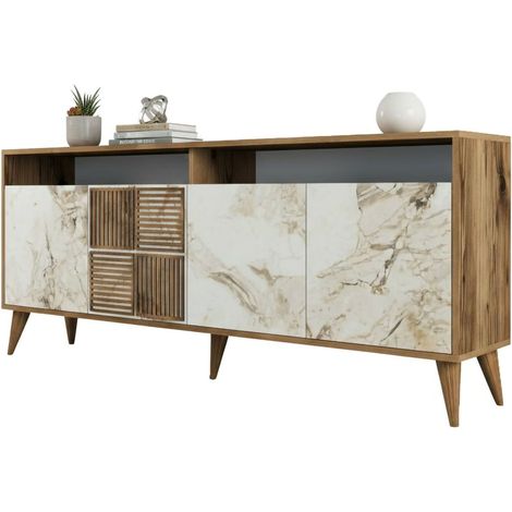 Dmora - Consolle Jole, Credenza da soggiorno, Armadio basso per TV, Base parete attrezzata, 180x35 h79 cm, Noce e Bianco Marmo