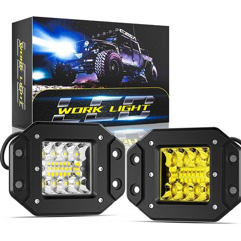 Phare de travail LED encastrable plat 17W 16LED 3030 DC9-80V IP65, faisceau mixte, double couleur blanc/jaune, phare auxiliaire de recul pour 4x4 voiture camion engin de chantier bateau(blanc2pc+jaune (1/5)