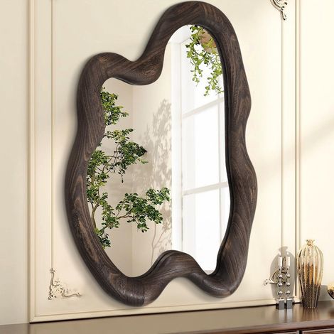 Grand miroir mural irrégulier avec cadre en bois 60 x 40 cm, miroirs à suspendre asymétriques vintage pour salle de bain, chambre à coucher, salon, entrée Marron (1/5)