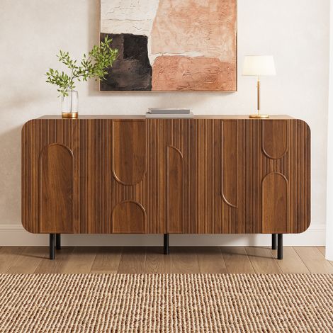 Buffet aspect noyer 160 cm – 4 portes, 8 compartiments, étagères réglables, coins arrondis, pieds métalliques, 160x40x79 cm