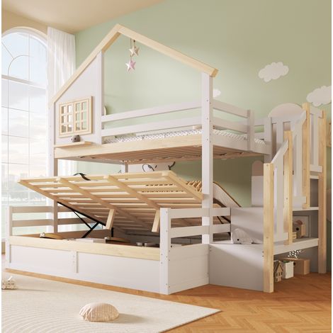Lit superposé 90x200 et 140x200 en bois blanc et naturel avec escalier de rangement (1/5)