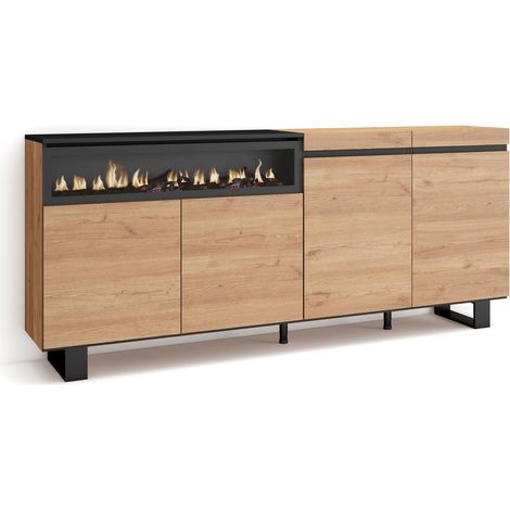 Skraut Home – Buffet de rangement 200x35x87cm – 4 portes – Cheminée électrique à LED – Design industriel chêne et noir – Module avec étagère (1/5)