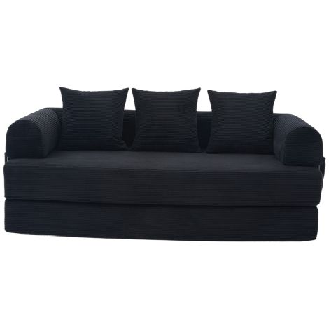 Sofá cama, sofá de 3 plazas, bolsillo lateral y 3 cojines, de terciopelo acanalado (pana) con estructura de metal, negro (1/5)