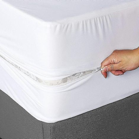 Protège-matelas imperméable et anti-poussière à côtés entièrement fermés avec fermeture éclair, compatible avec lit double, blanc (1/5)