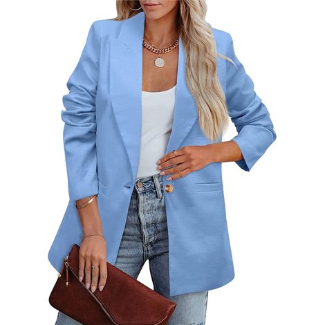 Veste de tailleur femme à manches longues, couleur unie, style décontracté, en polyester doux, idéale pour le travail et les activités de plein air, bleue, XXXL (1/4)