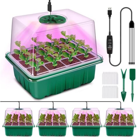 Mini Serre pour Plantes avec Lampe, 4 Pièces Serre Semis de Culture avec contrôleur de synchronisation luminosité réglable, épaissir Boite Semis avec Couvercle surélevé, Vert (1/5)