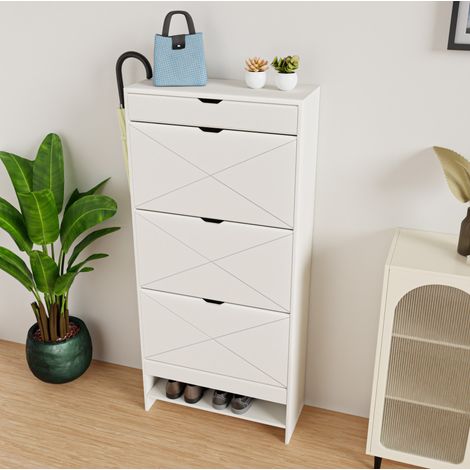 Meuble à chaussures à 3 abattants, 2 niveaux, avec tiroir supérieur coulissant, panneaux laqués blancs et rangement 18 à 24 paires pour entrée et chambre  CHICFURN (1/5)