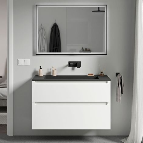 Unterschrank Bernstein VIREO 100 cm mit Mineralguss Waschbecken BRUXELLES - Korpus Weiß matt, Waschbecken Schwarz matt ohne Hahnloch