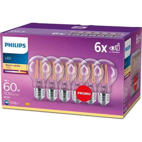 Philips, pack de 6 ampoules E27 LED transparentes 60W, blanc chaud (1/3)