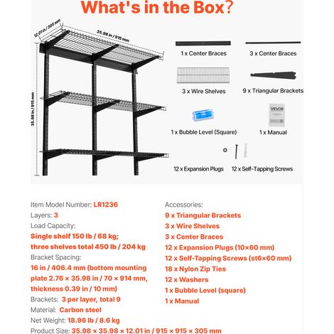 VEVOR 3-Tier Heavy Duty Wall Garage Shelving, 275 x 914 mm Steel Wall Mounted Shelving Unit, 275 x 914 mm Per Shelf Floating Storage Metal Rack for Garage with 204 kg Total Weight Capacity, Black (1/4)