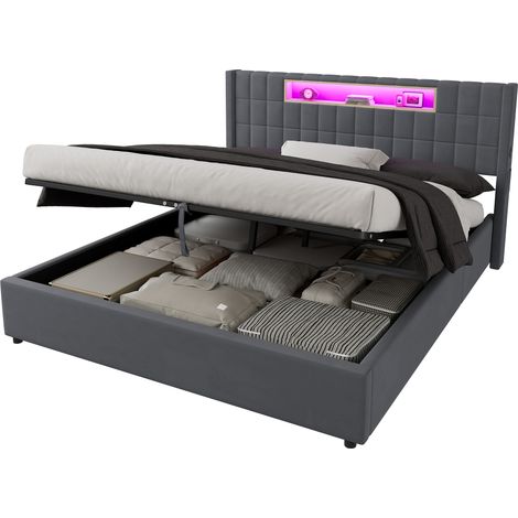 Lit coffre 180x200 cm velours gris foncé avec rangement hydraulique, LED intégrée, ports USB et Type-C, capacité 300 kg – de CHICFURN (1/5)
