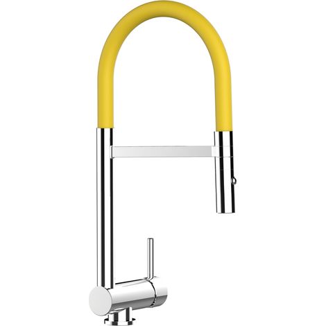 Rubinetto abbattibile miscelatore lavello fontana cucina VIZIO canna abbattibile 6 cm per sottofinestra - canna gialla movibile e doccia due getti staccabile (1/5)