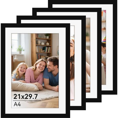Lot de 4 cadres photo A4 noirs - Avec plexiglas - Format A4 - Pour photos, images, affiches (1/5)