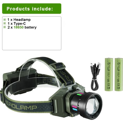 Lampe frontale rechargeable (batterie B-18650) avec phare LED ultra-lumineux et feu arrière, idéale pour la pêche. Alliage d'aluminium, parfait pour les activités de plein air. (1/5)