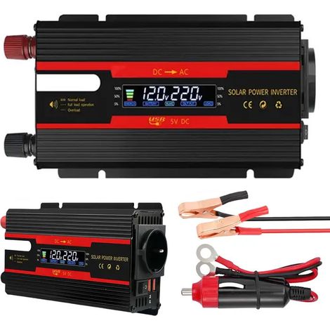 Convertisseur de tension DC 12 V/24 V vers AC 220 V - Onde sinusoïdale modifiée - 2000 W - Avec prises UE - 2 USB et affichage LCD - Adaptateur pour voiture, camion, caravane, camping