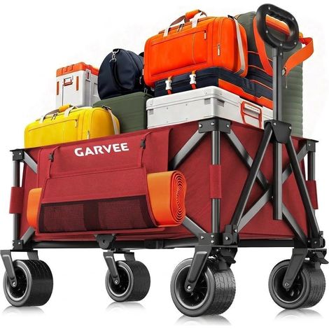 Chariot de jardin pliable 200L Capacité 209 kgs Roues 360° 2 porte-gobelets Poche latérale Tissu Oxford 600D Pour plage, jardin, camping - Rouge (1/5)