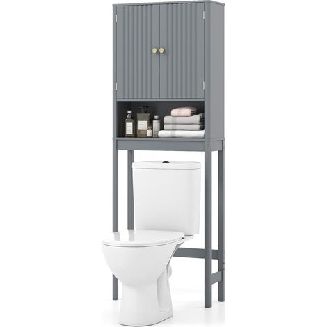 COSTWAY Meuble Toilette, Étagère WC, Portes Cannelées, Compartiments Ouverts, Étagère Réglable, Barre Inférieure, Meuble WC Rangement Gain de Place, pour Salle de Bain, 23 x 60 x 168 cm (Gris) (1/5)