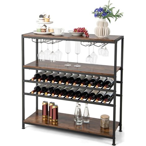 COSTWAY Estante de Vinos para 20 Botellas, Armario de Bar Independiente con 2 Estantes de Vino y 4 Filas de Soportes de Copas, Amplia Parte Superior y Estantes Abiertos para Cocina Comedor Buffet (1/5)