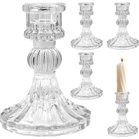 2 Pièces Bougeoir en Verre, Chandelier pour Bougies Tige, Décoration Transparente Au Design Strié pour Table Salon Et Réceptions (4) (1/5)