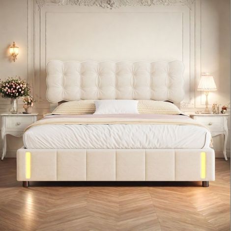 Bett 140x200cm mit LED-Beleuchtung und gepolstertem Kopfteil, Bett 140x200 cm, Doppelbett mit hydraulischem Stauraum, Beige