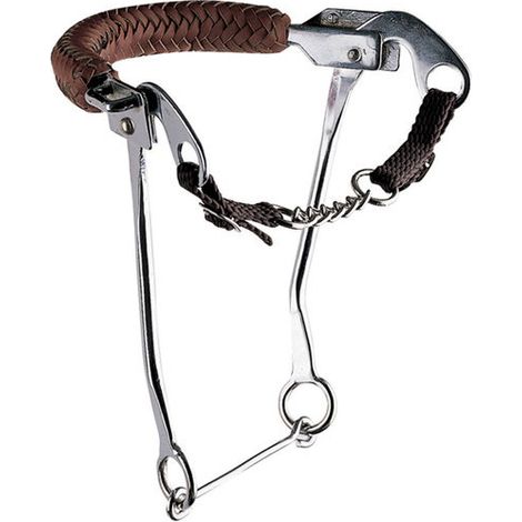 Hackamore in acciaio inox ad aste lunghe e con nasalina in cuoio intrecciato