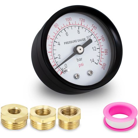 1 x 40mm BSP 1/8" 0-14 Bar 0200 PSI Well Pump Pressure Gauge with 3 Sockets from to 1/4", 3/8" and 1/2", One PT, Axial (1/5)