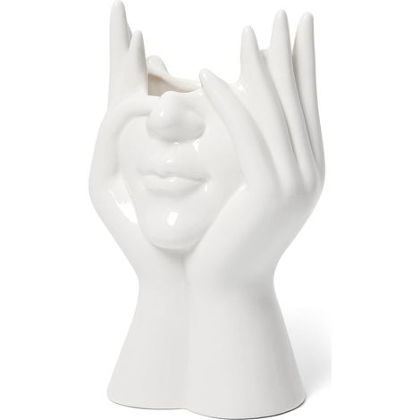 Vase Céramique - Forme Visage - Blanc - H18 x L9 cm - Pour Bouquet Frais ou Pampa - Décoration Intérieure - 1 Pièce