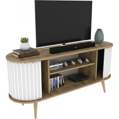 Dmora - Mobile porta TV Bailu, Credenza da soggiorno, Armadio basso per TV, Base parete attrezzata, 140x43h64 cm, Quercia e Bianco