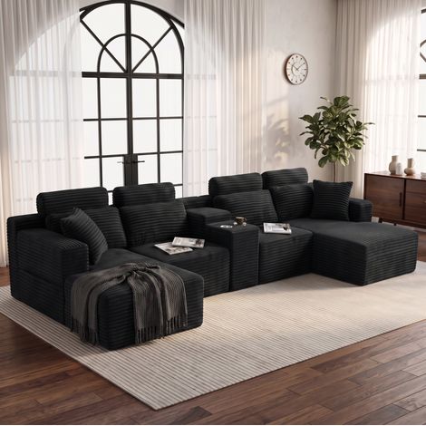 Canapé panoramique modulable en U, velours côtelé noir, assise profonde, porte-gobelets intégrés et coussins amovibles, 4 colis, pour salon moderne – CHICFURN (1/5)