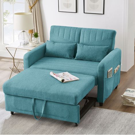 Divano letto, divano da 2 posti con schienale regolabile in 3 posizioni, tasche sui braccioli, piedini in plastica, tessuto lino, verde acqua (1/5)