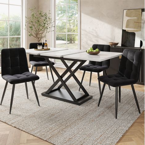 DESMIU Table de salle à manger extensible avec 4 chaises, pour salle à manger, en MDF, métal et velours, blanc et noir (1/5)