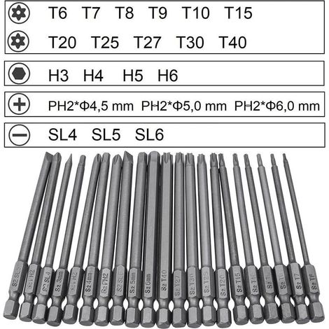 Embouts de visseuse 21 pièces – Embouts magnétiques 100mm – T6-T40, Hexagonal 3mm-6mm, Phillips PH2, Plats 4mm-6mm – Acier S2 (1/4)