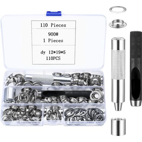 110 Kit Oeillet Couture, 12mm Trousse à Oeillets pour Baches, Kit Oeillets Couture, Oeillet de Rondelle Kit pour Bâche Tissu Cuir Chaussures, avec Outil de Perforation d'oeillets (1/5)