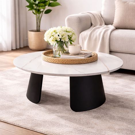 Table basse ronde 40x70 cm en céramique imitation marbre blanc et noir