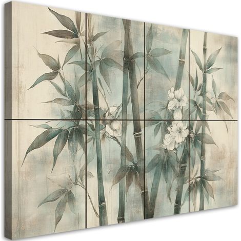Tableau déco pousses de bambou avec fleurs sur fond texturé 60x40 (1/5)