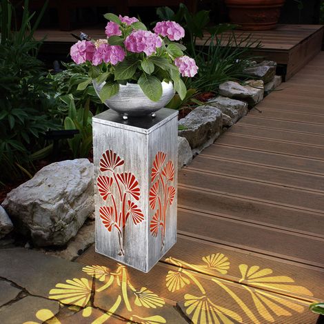 Lampe solaire argent colonne décorative antique bol de plante, décoration fleur éclairage lampe d'extérieur, métal, 1x LED 3000K, LxPxH 25x25x59 cm (1/5)