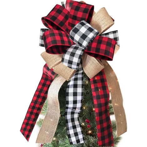 Garniture Pour Arbre De Noël - Nœud En Toile De Jute Rouge Et Noir À Motif Carreaux - Style Rustique Ferme - 1 Pièce (1/5)