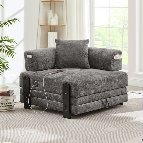 Canapé convertible gris foncé en tissu avec ports USB/Type-C et rangement (1/5)