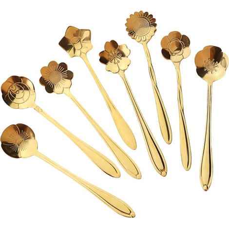 Lot de 8 cuillères décoratives en acier inoxydable, motif fleur, finition titane doré