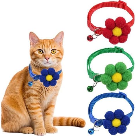 3 Pièces Collier Chat Fleurs, Collier Chaton Mignon, Collier pour Chat avec Clochette, Colliers pour Chats Réglable 19-32 cm (1/4)