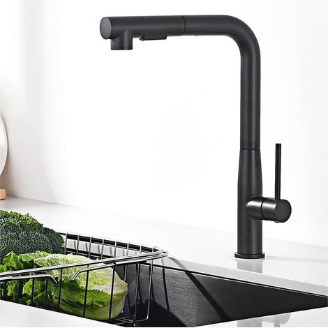 Rubinetto da cucina nero, rubinetto da cucina estensibile, miscelatore per lavello ad alta pressione con doppio getto, doccetta estraibile, rubinetto da cucina girevole a 360°, miscelatore da cucina n (1/5)