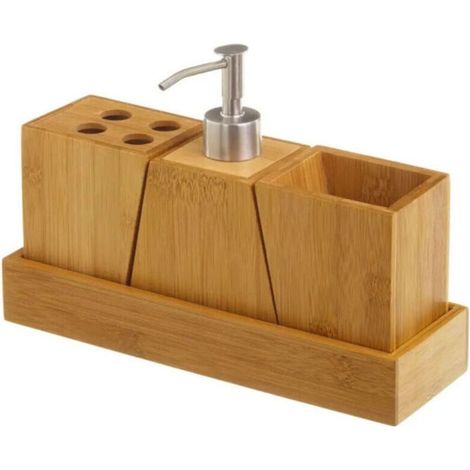 Ensemble bambou salle de bain JINFGERNE : distributeur savon, porte-brosses à dents et gobelet de rangement. (1/4)