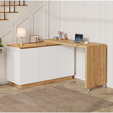 Scrivania girevole 124x45x82 cm in truciolare bianco/rovere salvaspazio – MEUBLIV (1/5)