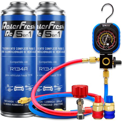 Pack gas refrigerante 2 botellas Ralerfresh RC R134A 5en1 500ml con Manometro RF31, llave y conectores